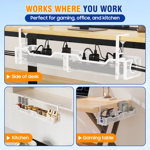 Alt view image 7 of 7 - Cable Management Under Desk - 25.2" Open Slots No Dill Cable Tray Metal Under Desk Cable Management Tray - Cord Organizer for Office Home - Clamp-On Design Wire Organization Box - White