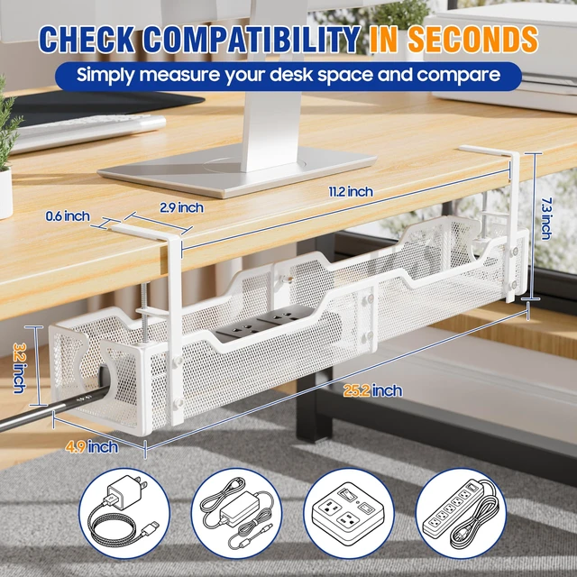 Alt view image 2 of 7 - Cable Management Under Desk - 25.2" Open Slots No Dill Cable Tray Metal Under Desk Cable Management Tray - Cord Organizer for Office Home - Clamp-On Design Wire Organization Box - White