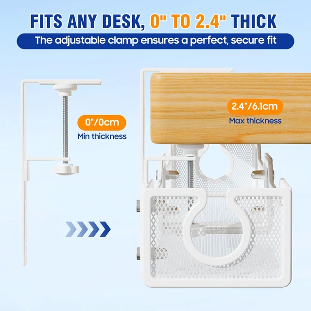 Alt view image 4 of 7 - Cable Management Under Desk - 25.2" Open Slots No Dill Cable Tray Metal Under Desk Cable Management Tray - Cord Organizer for Office Home - Clamp-On Design Wire Organization Box - White