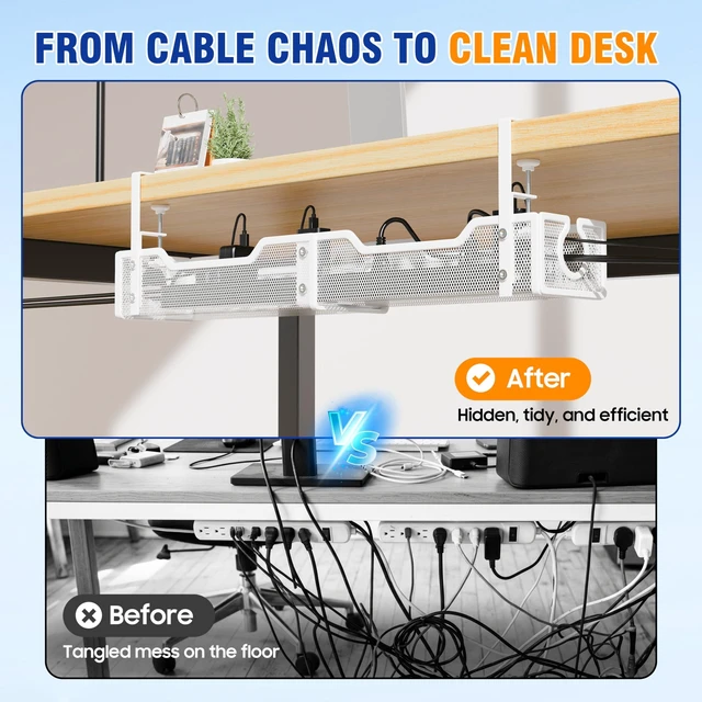 Alt view image 5 of 7 - Cable Management Under Desk - 25.2" Open Slots No Dill Cable Tray Metal Under Desk Cable Management Tray - Cord Organizer for Office Home - Clamp-On Design Wire Organization Box - White