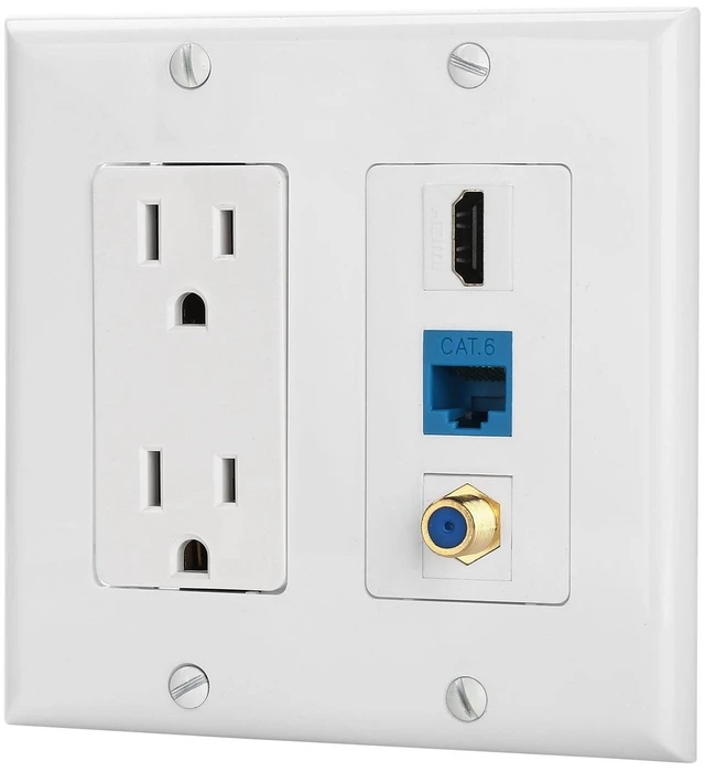 Main image of 15A Power Outlet, 1 Port HDMI, 1 Cat6 Ethernet, 1 Coax Cable TV Wall Plate in White