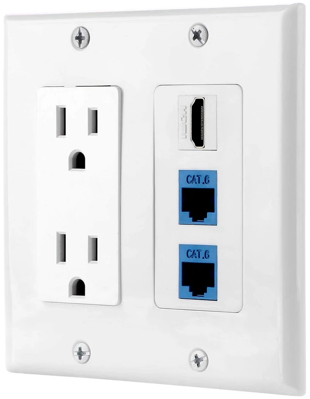 Main image of 15A Power Outlet, 1 Port HDMI, 2 Port Cat6 Ethernet - Wall Plate in White