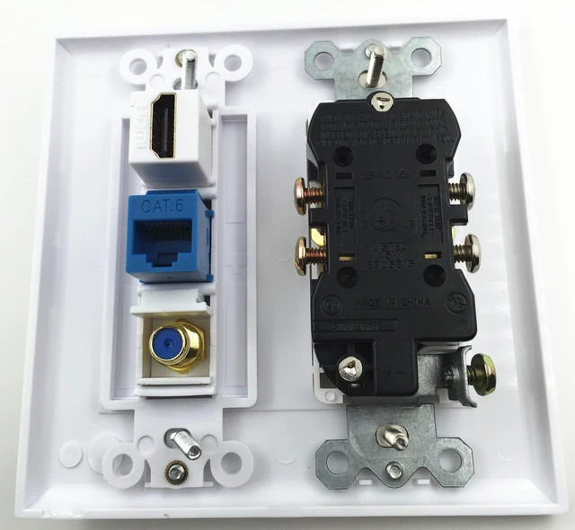 Alt view image 2 of 2 - 15A Power Outlet, 1 Port HDMI, 1 Cat6 Ethernet, 1 Coax Cable TV Wall Plate in White