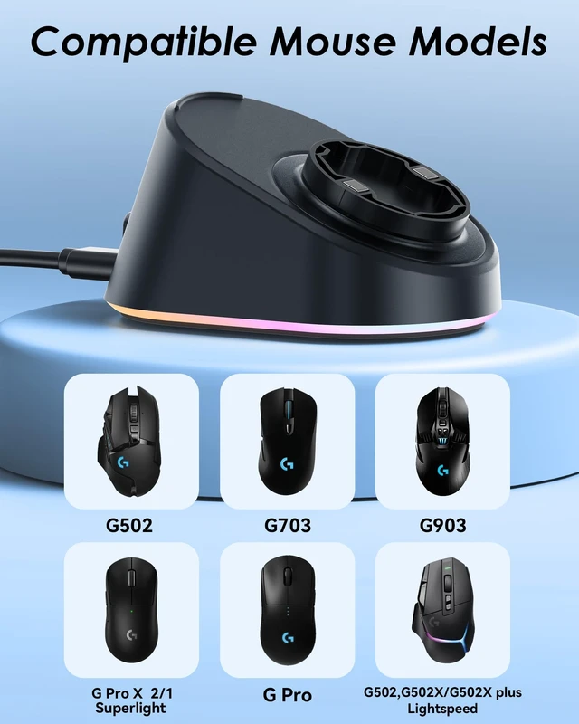 Alt view image 2 of 7 - Charging Dock for Logitech G502/G502X/G502X Plus Lightspeed, G Pro X Superlight 2 DEX/Superlight 2/1, G703, G903, G403 Lightspeed and G PRO Computer Mice, Wireless Mice Charging Dock with RGB Light