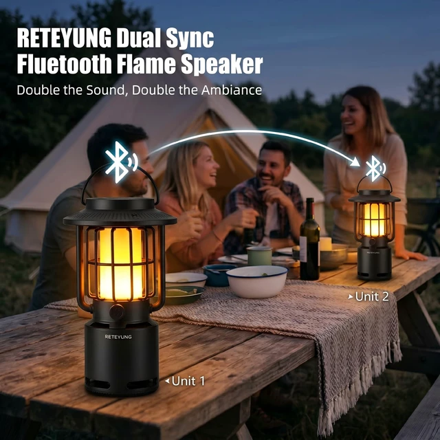 Alt view image 3 of 7 - Outdoor Bluetooth Speakers Waterproof with Atmosphere Light,Gifts for Men Women Dads,10W Wireless Portable Speaker with LED Flickering Torch Lights for Camp/Patio/Pool/Yard/Home Decor(2 Pcs)