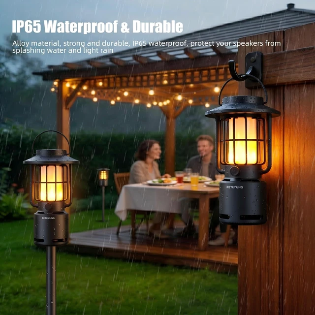 Alt view image 4 of 7 - Outdoor Bluetooth Speakers Waterproof with Atmosphere Light,Gifts for Men Women Dads,10W Wireless Portable Speaker with LED Flickering Torch Lights for Camp/Patio/Pool/Yard/Home Decor(2 Pcs)