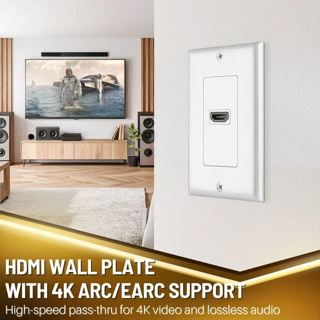 Alt view image 2 of 7 - 1-Port 4K HDMI Wall Plate Pass-Through with Pigtail and Bracket Kit Hdmi Wall Outlet Kit Includes a 4-Inch Pigtail and 1-Gang Low-Voltage Bracket; Supports Arc/Earc, Hec and Up to 18 Gbps