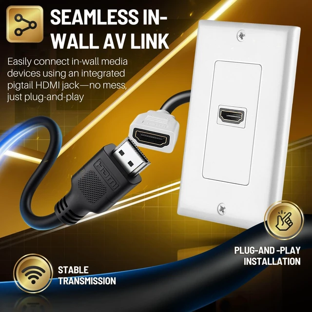 Alt view image 5 of 7 - 1-Port 4K HDMI Wall Plate Pass-Through with Pigtail and Bracket Kit Hdmi Wall Outlet Kit Includes a 4-Inch Pigtail and 1-Gang Low-Voltage Bracket; Supports Arc/Earc, Hec and Up to 18 Gbps