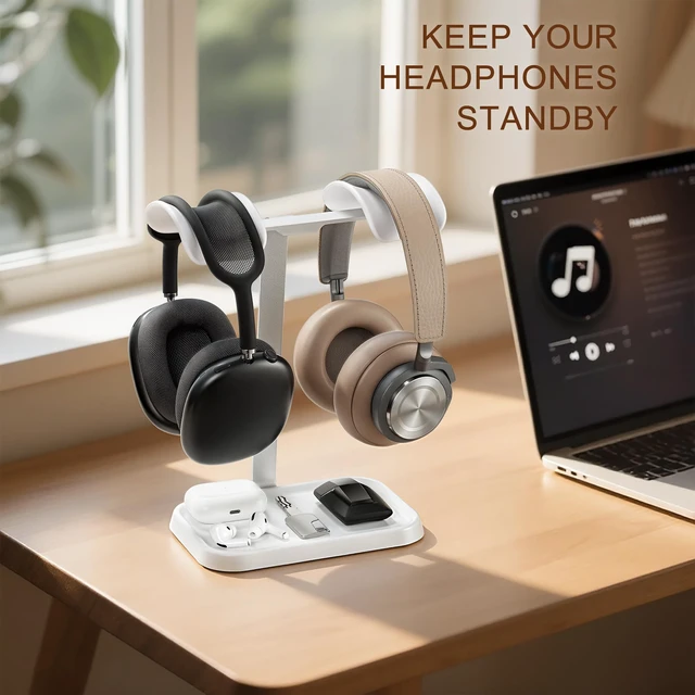 Alt view image 2 of 7 - Dual Headphone Stand, Double Balanced Headset Stand with Storage Tray, Heavy Base Gaming Headset Holder for Desk (White)