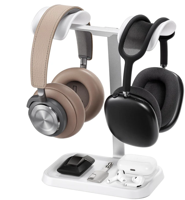 Main image of Dual Headphone Stand, Double Balanced Headset Stand with Storage Tray, Heavy Base Gaming Headset Holder for Desk (White)