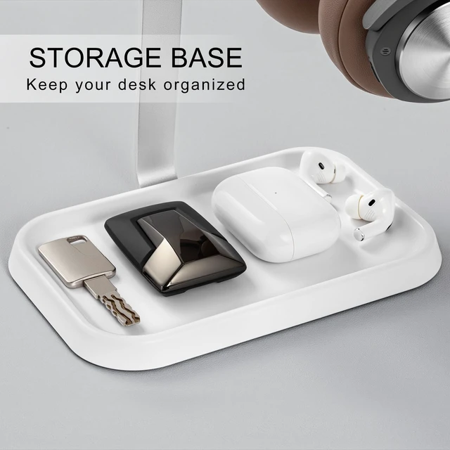 Alt view image 5 of 7 - Dual Headphone Stand, Double Balanced Headset Stand with Storage Tray, Heavy Base Gaming Headset Holder for Desk (White)