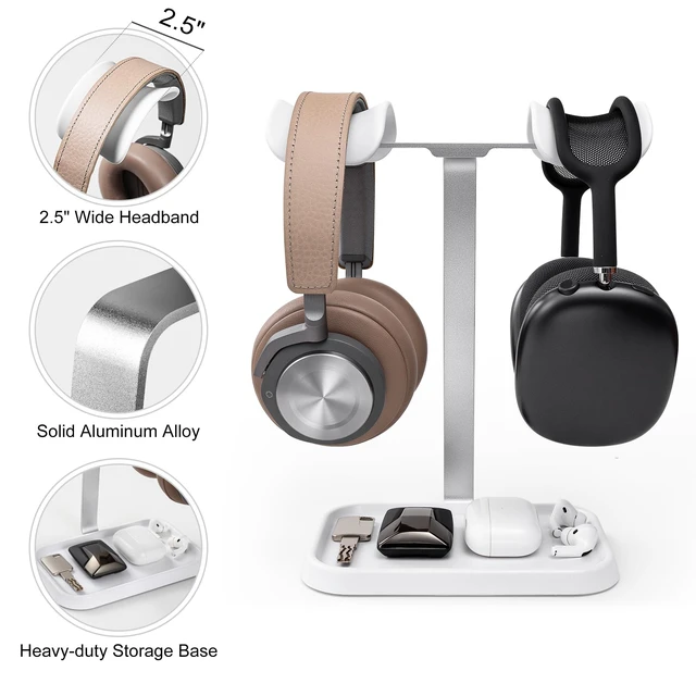 Alt view image 4 of 7 - Dual Headphone Stand, Double Balanced Headset Stand with Storage Tray, Heavy Base Gaming Headset Holder for Desk (White)