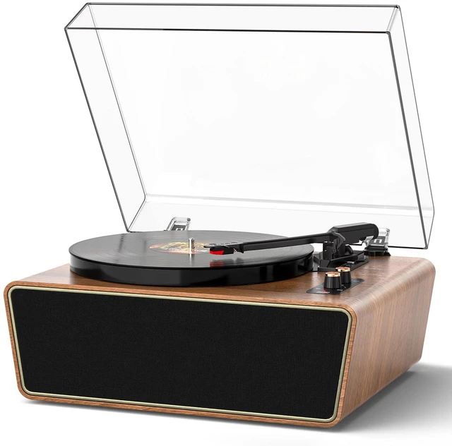 Main image of Brown Wood Bluetooth Record Player, 3-Speed Turntable Warm wood design with Bluetooth, 3-speed playback, Dual-knob control, phono preamp, PC recording and RCA output