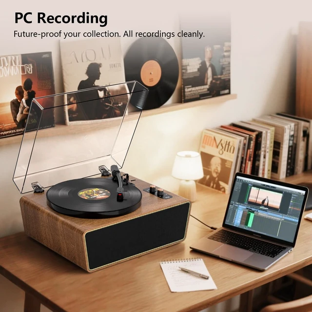 Alt view image 3 of 7 - Brown Wood Bluetooth Record Player, 3-Speed Turntable Warm wood design with Bluetooth, 3-speed playback, Dual-knob control, phono preamp, PC recording and RCA output
