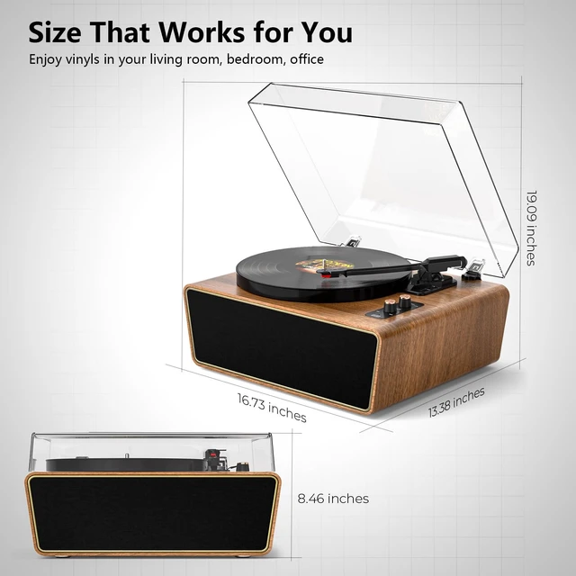 Alt view image 4 of 7 - Brown Wood Bluetooth Record Player, 3-Speed Turntable Warm wood design with Bluetooth, 3-speed playback, Dual-knob control, phono preamp, PC recording and RCA output