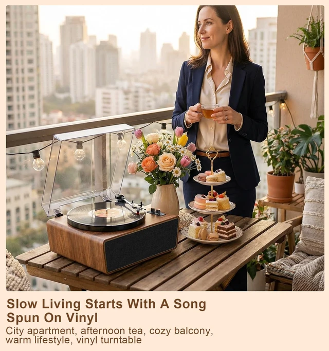 Alt view image 5 of 7 - Brown Wood Bluetooth Record Player, 3-Speed Turntable Warm wood design with Bluetooth, 3-speed playback, Dual-knob control, phono preamp, PC recording and RCA output