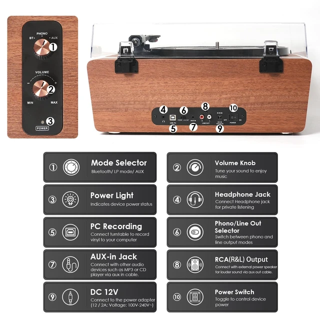 Alt view image 6 of 7 - Brown Wood Bluetooth Record Player, 3-Speed Turntable Warm wood design with Bluetooth, 3-speed playback, Dual-knob control, phono preamp, PC recording and RCA output