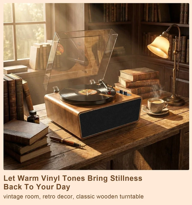 Alt view image 7 of 7 - Brown Wood Bluetooth Record Player, 3-Speed Turntable Warm wood design with Bluetooth, 3-speed playback, Dual-knob control, phono preamp, PC recording and RCA output