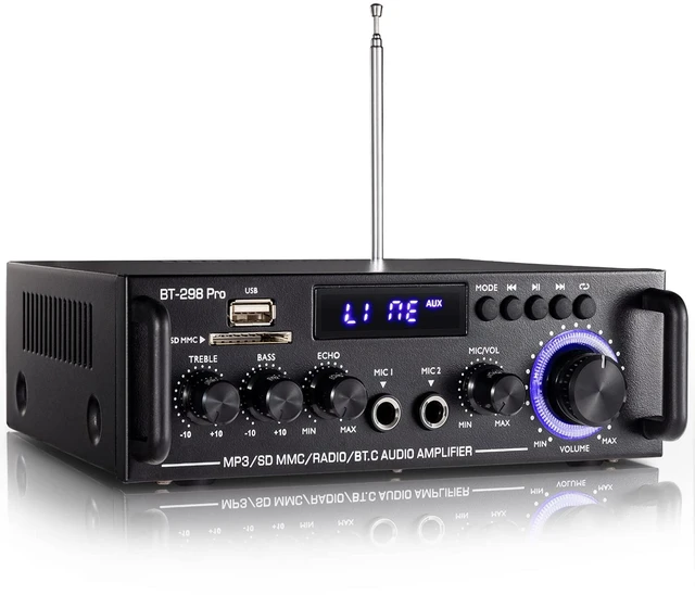 Main image of BT-298 Pro Home Audio Amplifier, Bluetooth 5.0 800W Stereo Receiver RMS 50Wx2 HiFi Stereo Sound Audio System Wireless Power Amplifier With USB/RCA/FM/MIC in Echo, Bass & Treble Adjustment