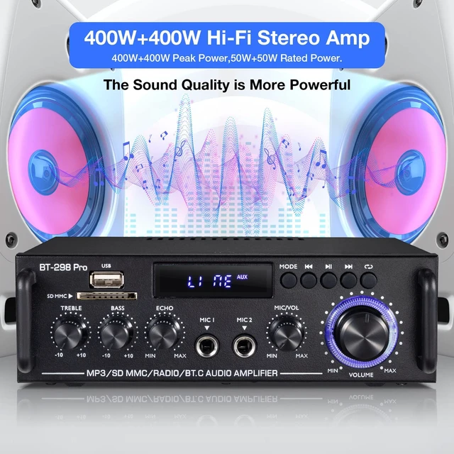 Alt view image 2 of 7 - BT-298 Pro Home Audio Amplifier, Bluetooth 5.0 800W Stereo Receiver RMS 50Wx2 HiFi Stereo Sound Audio System Wireless Power Amplifier With USB/RCA/FM/MIC in Echo, Bass & Treble Adjustment