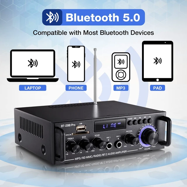 Alt view image 4 of 7 - BT-298 Pro Home Audio Amplifier, Bluetooth 5.0 800W Stereo Receiver RMS 50Wx2 HiFi Stereo Sound Audio System Wireless Power Amplifier With USB/RCA/FM/MIC in Echo, Bass & Treble Adjustment