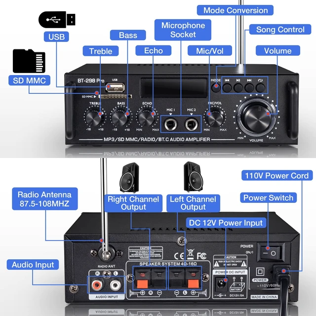 Alt view image 3 of 7 - BT-298 Pro Home Audio Amplifier, Bluetooth 5.0 800W Stereo Receiver RMS 50Wx2 HiFi Stereo Sound Audio System Wireless Power Amplifier With USB/RCA/FM/MIC in Echo, Bass & Treble Adjustment