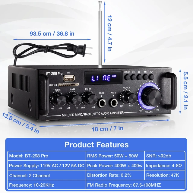Alt view image 6 of 7 - BT-298 Pro Home Audio Amplifier, Bluetooth 5.0 800W Stereo Receiver RMS 50Wx2 HiFi Stereo Sound Audio System Wireless Power Amplifier With USB/RCA/FM/MIC in Echo, Bass & Treble Adjustment