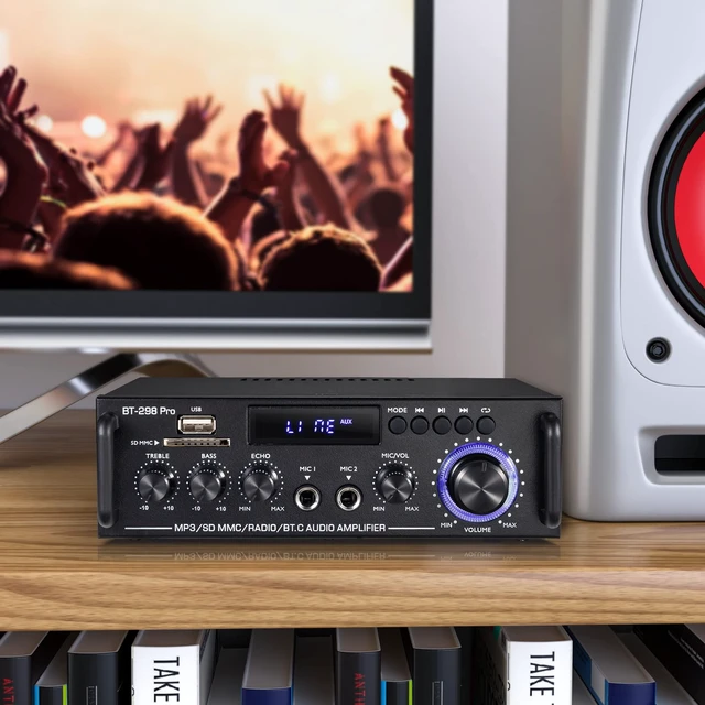 Alt view image 7 of 7 - BT-298 Pro Home Audio Amplifier, Bluetooth 5.0 800W Stereo Receiver RMS 50Wx2 HiFi Stereo Sound Audio System Wireless Power Amplifier With USB/RCA/FM/MIC in Echo, Bass & Treble Adjustment