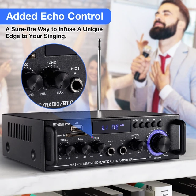 Alt view image 5 of 7 - BT-298 Pro Home Audio Amplifier, Bluetooth 5.0 800W Stereo Receiver RMS 50Wx2 HiFi Stereo Sound Audio System Wireless Power Amplifier With USB/RCA/FM/MIC in Echo, Bass & Treble Adjustment