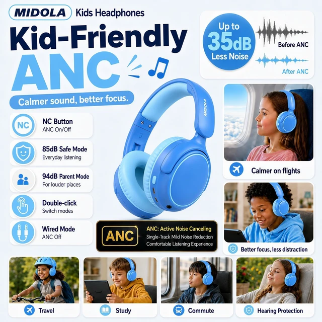 Alt view image 3 of 7 - Kids Bluetooth Headphones Wireless Over-Ear,Active Noise Cancelling,Blue 68Hrs,Volume Limit 85/94dB,Built-in Mic,Adjustable Headband Foldable Lightweight for Toddler School Girls Boys,Stereo Sound