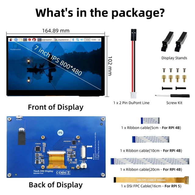 Alt view image 6 of 7 - 7 Inch Raspberry Pi Monitor Touchscreen, 800x480 DSI IPS Display, 5-Point Touch Capacitive Screen for Raspberry 5/4B/3B+/3B/B+/A+, Driver-Free