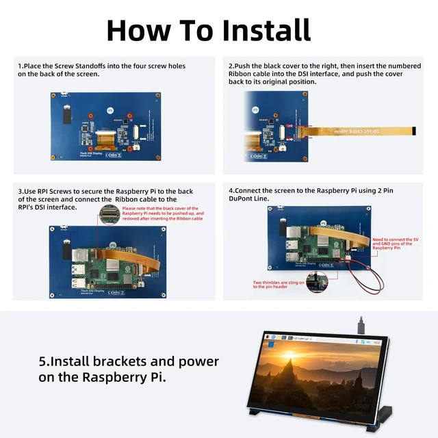 Alt view image 7 of 7 - 7 Inch Raspberry Pi Monitor Touchscreen, 800x480 DSI IPS Display, 5-Point Touch Capacitive Screen for Raspberry 5/4B/3B+/3B/B+/A+, Driver-Free