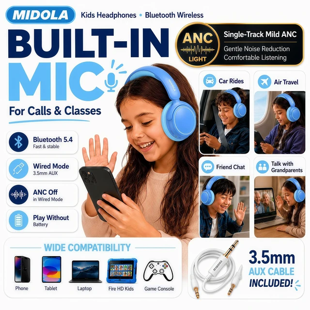 Alt view image 4 of 7 - Kids Bluetooth Headphones Wireless Over-Ear,Active Noise Cancelling,Blue 68Hrs,Volume Limit 85/94dB,Built-in Mic,Adjustable Headband Foldable Lightweight for Toddler School Girls Boys,Stereo Sound