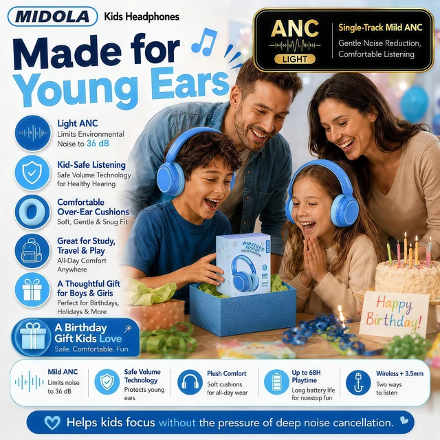 Alt view image 7 of 7 - Kids Bluetooth Headphones Wireless Over-Ear,Active Noise Cancelling,Blue 68Hrs,Volume Limit 85/94dB,Built-in Mic,Adjustable Headband Foldable Lightweight for Toddler School Girls Boys,Stereo Sound