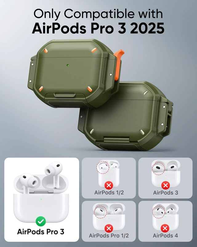 Alt view image 2 of 7 - for AirPods Pro 3 Case Cover with Lock, Waterproof, Green Secure Lock, IP68 Waterproof, MilitaryGrade Shockproof, Keychain, Phone Stand, Cleaner Kit