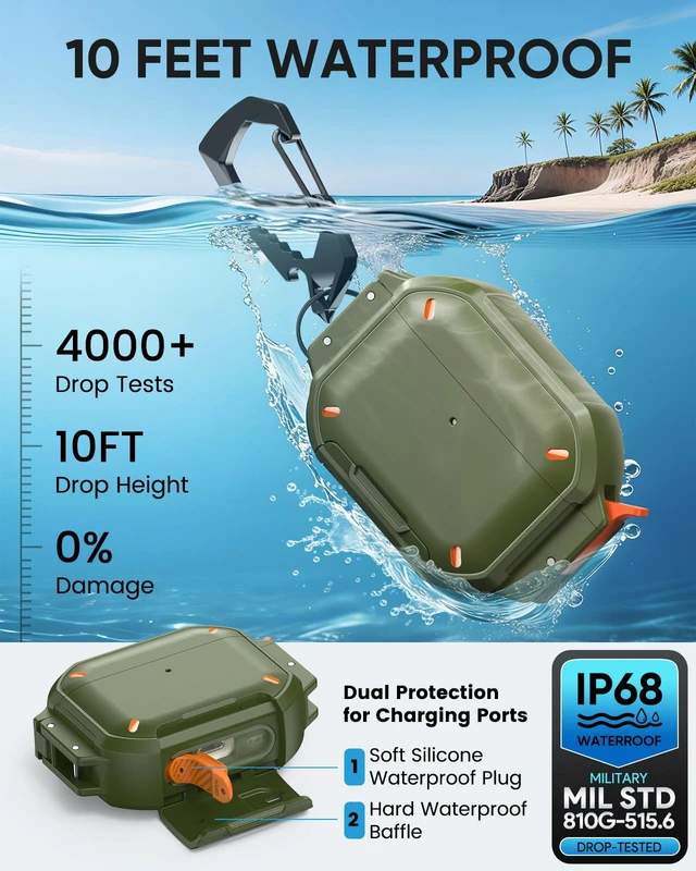 Alt view image 3 of 7 - for AirPods Pro 3 Case Cover with Lock, Waterproof, Green Secure Lock, IP68 Waterproof, MilitaryGrade Shockproof, Keychain, Phone Stand, Cleaner Kit