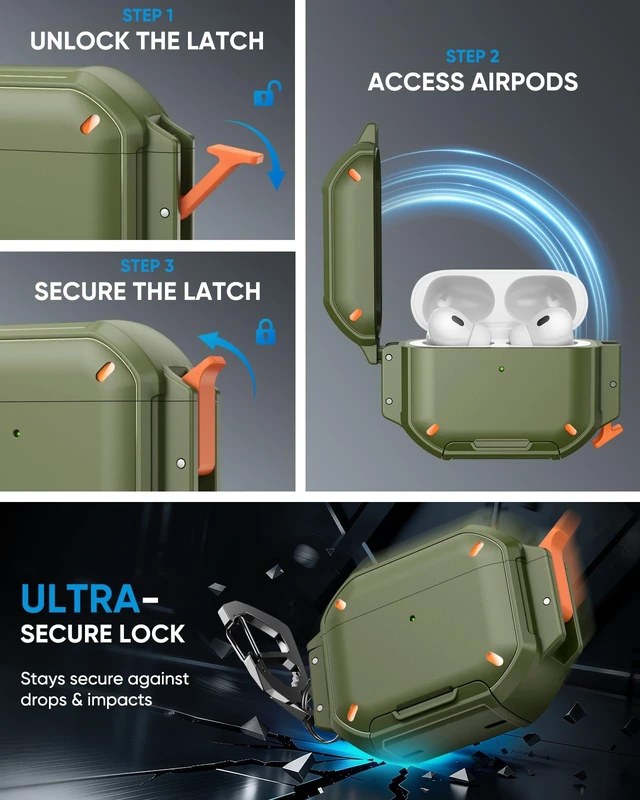 Alt view image 4 of 7 - for AirPods Pro 3 Case Cover with Lock, Waterproof, Green Secure Lock, IP68 Waterproof, MilitaryGrade Shockproof, Keychain, Phone Stand, Cleaner Kit