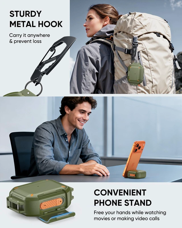 Alt view image 5 of 7 - for AirPods Pro 3 Case Cover with Lock, Waterproof, Green Secure Lock, IP68 Waterproof, MilitaryGrade Shockproof, Keychain, Phone Stand, Cleaner Kit