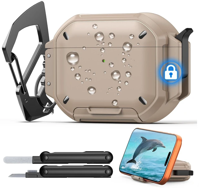 Main image of for AirPods Pro 3 Case Cover with Lock, Waterproof, Khaki Secure Lock, IP68 Waterproof, MilitaryGrade Shockproof, Keychain, Phone Stand, Cleaner Kit