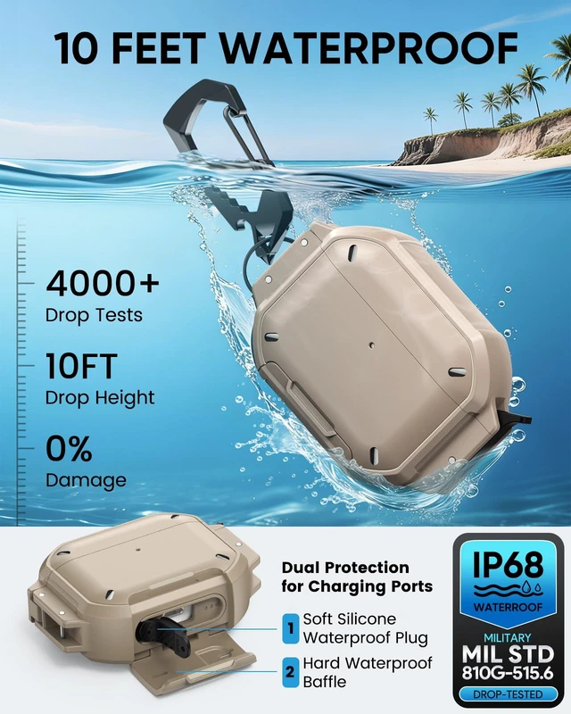 Alt view image 3 of 7 - for AirPods Pro 3 Case Cover with Lock, Waterproof, Khaki Secure Lock, IP68 Waterproof, MilitaryGrade Shockproof, Keychain, Phone Stand, Cleaner Kit