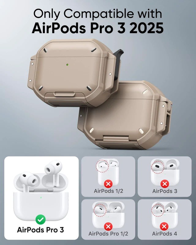 Alt view image 2 of 7 - for AirPods Pro 3 Case Cover with Lock, Waterproof, Khaki Secure Lock, IP68 Waterproof, MilitaryGrade Shockproof, Keychain, Phone Stand, Cleaner Kit