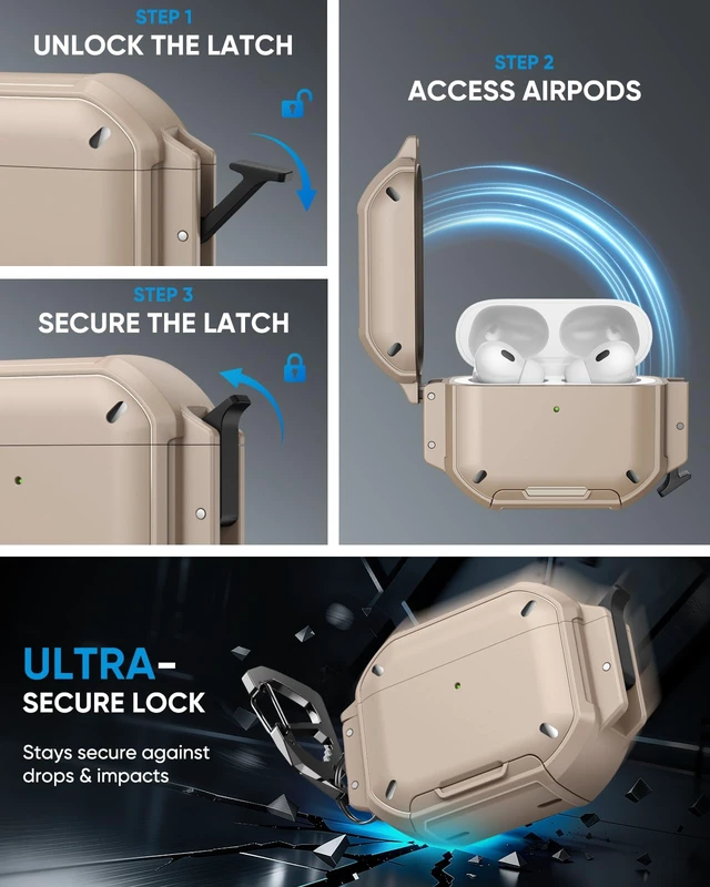 Alt view image 4 of 7 - for AirPods Pro 3 Case Cover with Lock, Waterproof, Khaki Secure Lock, IP68 Waterproof, MilitaryGrade Shockproof, Keychain, Phone Stand, Cleaner Kit