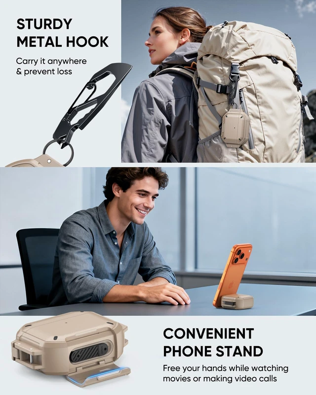 Alt view image 5 of 7 - for AirPods Pro 3 Case Cover with Lock, Waterproof, Khaki Secure Lock, IP68 Waterproof, MilitaryGrade Shockproof, Keychain, Phone Stand, Cleaner Kit