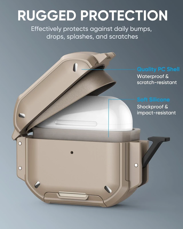 Alt view image 7 of 7 - for AirPods Pro 3 Case Cover with Lock, Waterproof, Khaki Secure Lock, IP68 Waterproof, MilitaryGrade Shockproof, Keychain, Phone Stand, Cleaner Kit