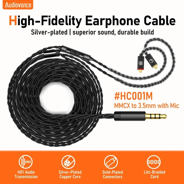Alt view image 2 of 7 - HiFi MMCX Cable with Mic, 3.5mm Plug IEM Replacement Cord, Black Silver-Plated Wire for In-Ear Monitors, Tangle-Free, Clear Sound & Calls for Vibes 201/202 & Shure SE215/315/425/535/846