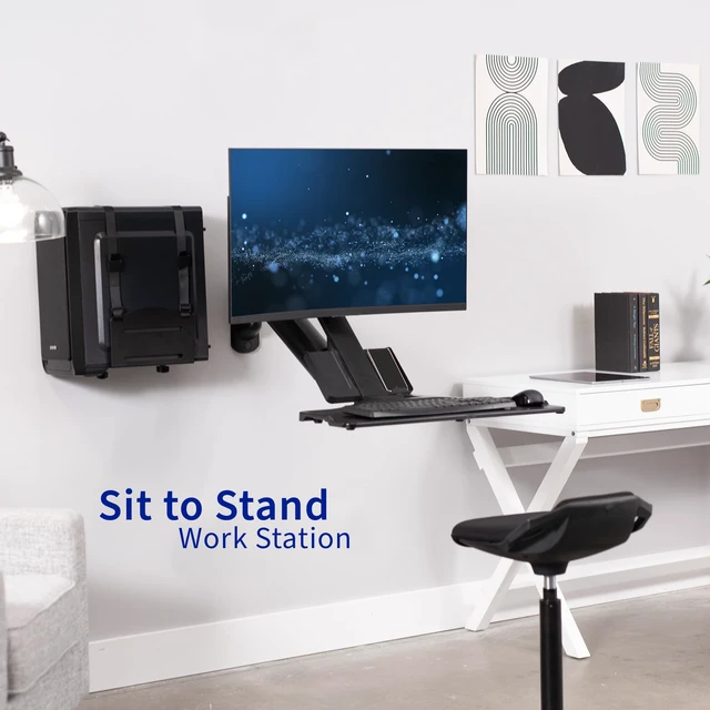 Alt view image 2 of 7 - Monitor & Keyboard Counterbalance Sit-Stand Wall Mount, STAND-SIT1WD Black, Premium, Pneumatic Lift, Includes CPU Wall Mount, Fits up to 32 in Screens, Foldable Keyboard Tray, Holds 19.8 lbs