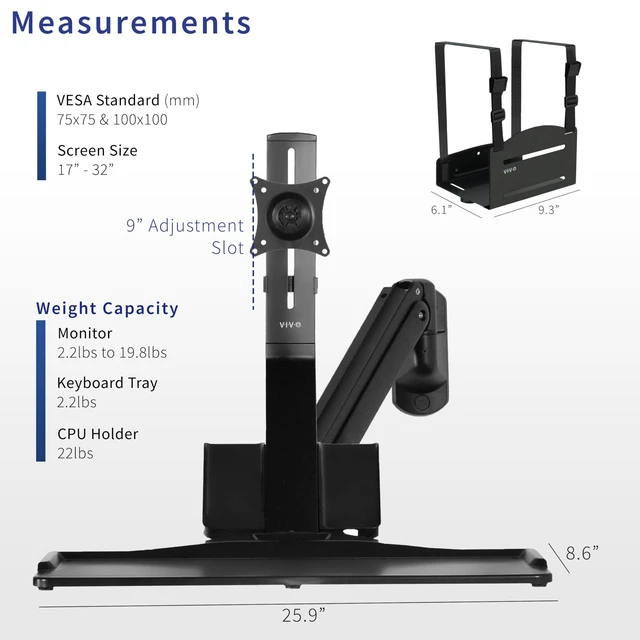 Alt view image 3 of 7 - Monitor & Keyboard Counterbalance Sit-Stand Wall Mount, STAND-SIT1WD Black, Premium, Pneumatic Lift, Includes CPU Wall Mount, Fits up to 32 in Screens, Foldable Keyboard Tray, Holds 19.8 lbs
