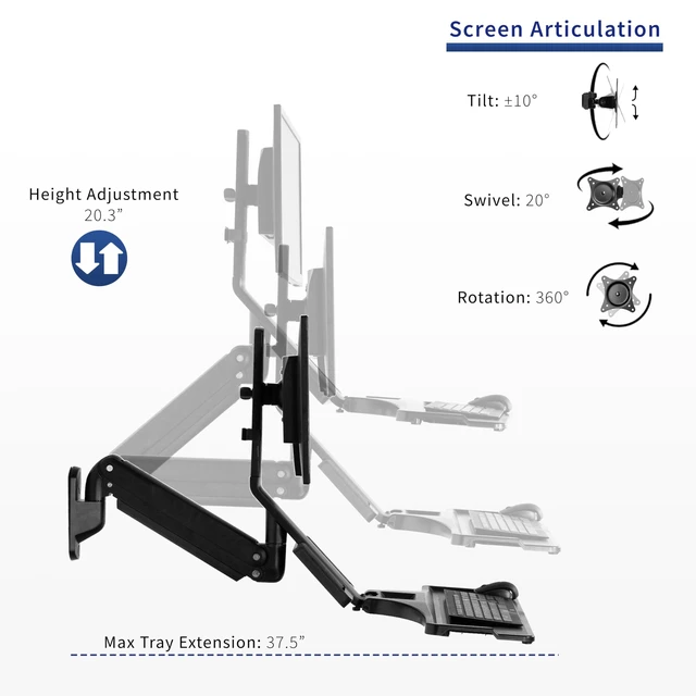 Alt view image 5 of 7 - Monitor & Keyboard Counterbalance Sit-Stand Wall Mount, STAND-SIT1WD Black, Premium, Pneumatic Lift, Includes CPU Wall Mount, Fits up to 32 in Screens, Foldable Keyboard Tray, Holds 19.8 lbs