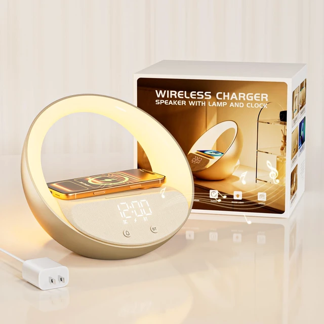 Main image of Bluetooth Speaker Wireless Charging Dimmable Night Light, Portable Speaker 15W Wireless Charger for iPhone 12-17Series, 5.3 Bluetooth, 7 White Noise, 3 Timer, Snooze, 10W Speaker, Home Bedroom Office