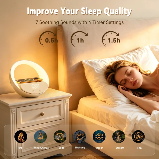 Alt view image 3 of 7 - Bluetooth Speaker Wireless Charging Dimmable Night Light, Portable Speaker 15W Wireless Charger for iPhone 12-17Series, 5.3 Bluetooth, 7 White Noise, 3 Timer, Snooze, 10W Speaker, Home Bedroom Office